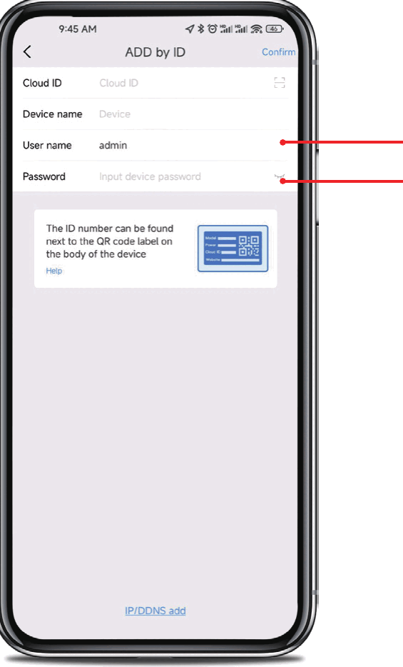 Bildschirm „Per ID hinzufügen“ mit den Feldern Cloud-ID, Gerätename, Benutzername (admin) und Passwort