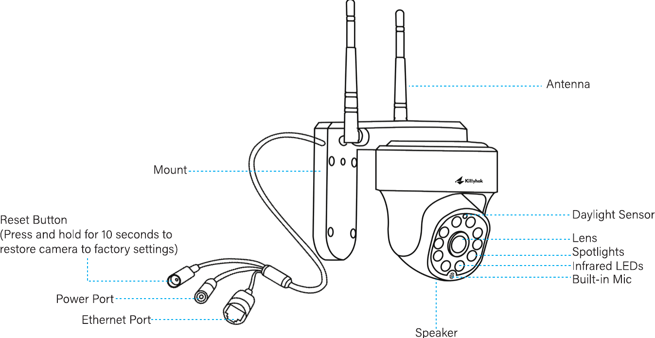 Bestandteile der Dome-/PTZ-Kamera: Antenne, Halterung, Reset-Taste, Stromanschluss, Ethernet-Anschluss, Tageslichtsensor, Objektiv, Spotlights, Infrarot-LEDs, integriertes Mikrofon und Lautsprecher