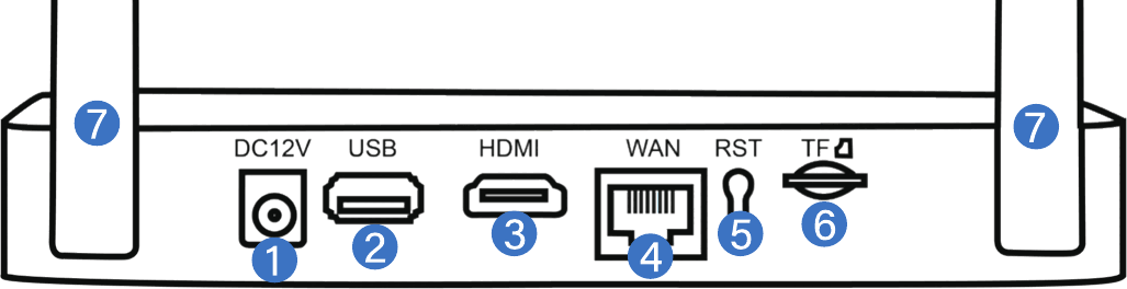 Anschlüsse auf der Rückseite des NVR: DC12V-Stromanschluss, USB, HDMI, WAN, RST-Reset, TF-Kartensteckplatz und die WLAN-Antennen