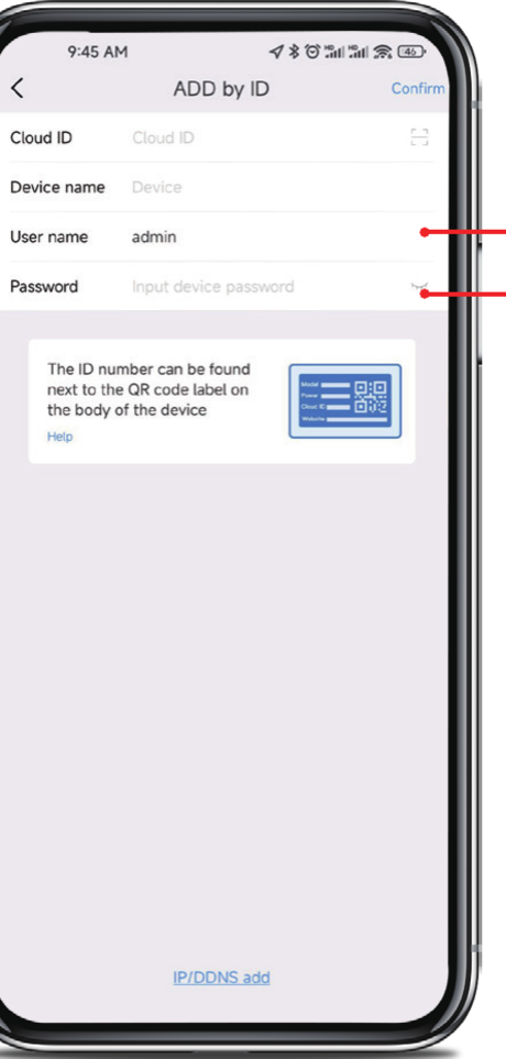 按 ID 添加界面，含 Cloud ID、设备名称、用户名（admin）和密码字段