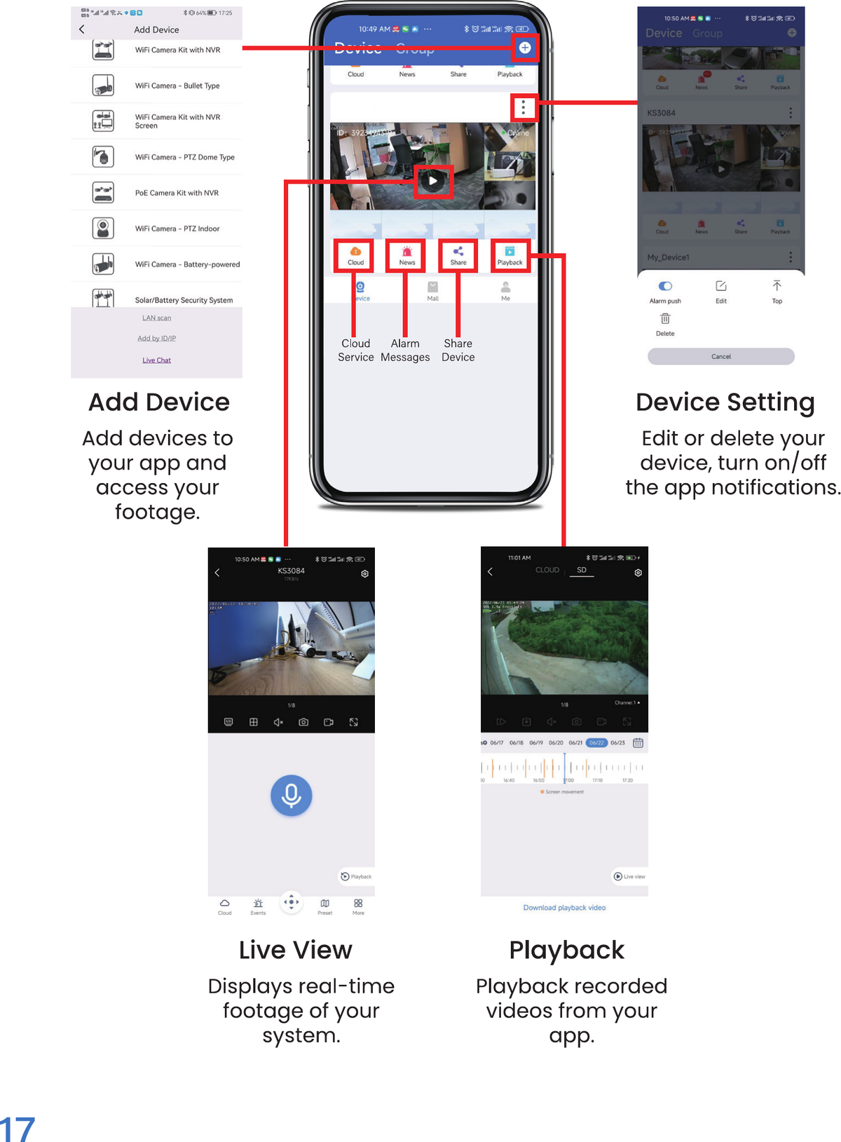 kittyhok App 功能概览：添加设备、设备设置、实时查看和回放