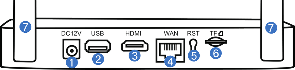 NVR 背面接口：DC12V 电源、USB、HDMI、WAN、RST 复位、TF 卡槽以及 Wi-Fi 天线
