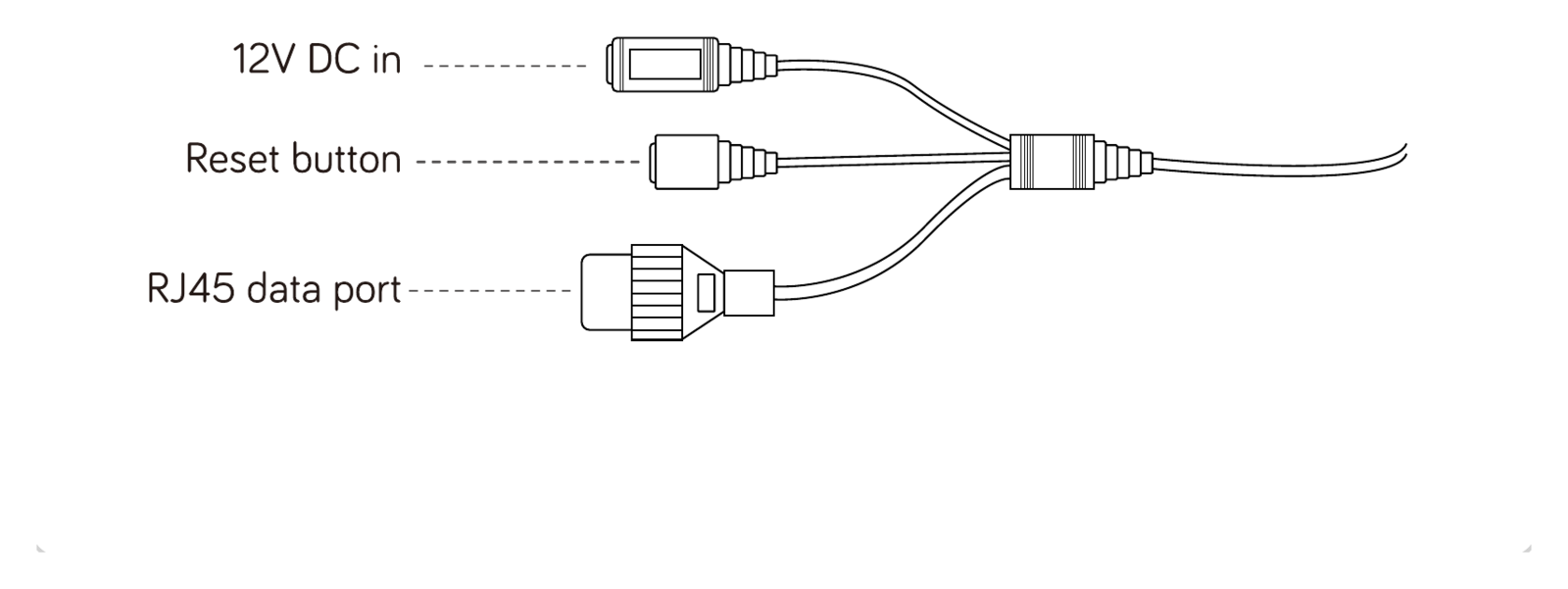 Konektory kamery: vstup 12 V DC, tlačítko reset a datový port RJ45