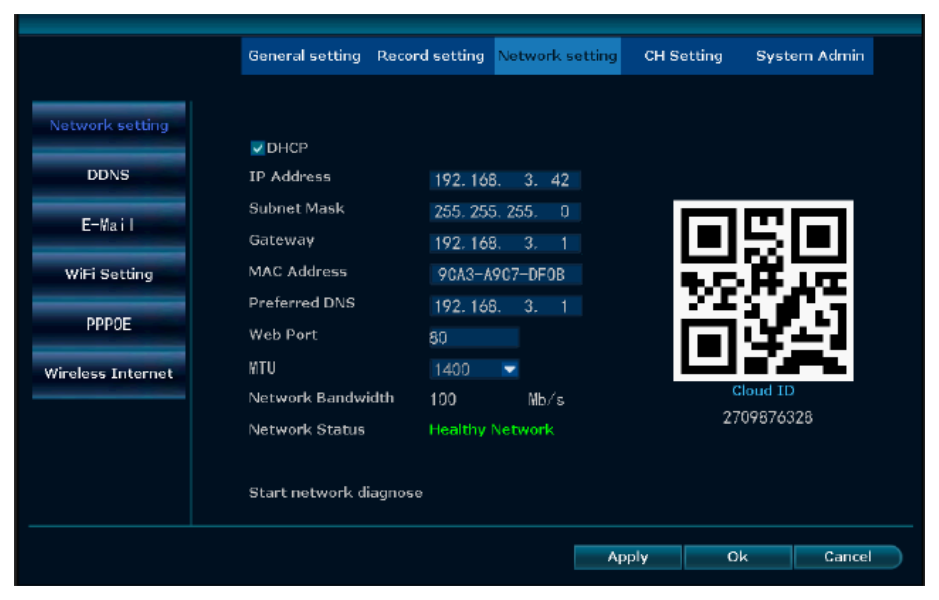 Stav sítě ukazuje funkční síť a QR kód Cloud ID