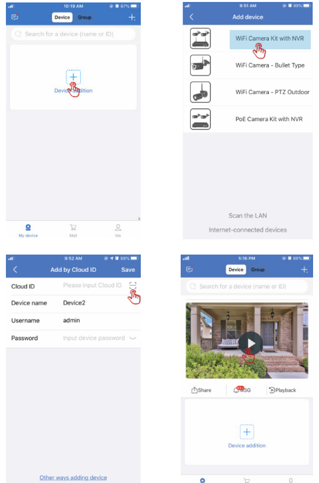 在移动 App 中添加摄像头系统：添加设备、选择类型、通过 Cloud ID 添加以及实时画面