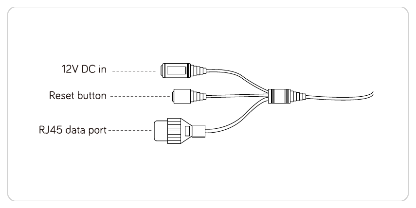 カメラのコネクター：12V DC 入力、リセットボタン、RJ45 データポート